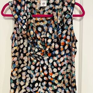 CAbi White and Orange Ruffled Blouse Bubble Top